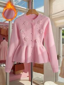 Franclia 女士纯色前扣仿珍珠优雅长袖开衫