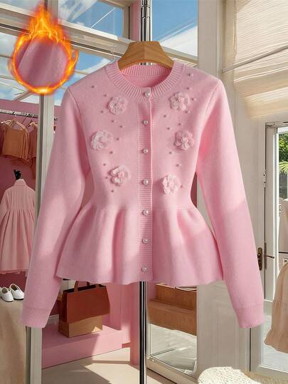 Franclia 女士纯色前扣仿珍珠优雅长袖开衫