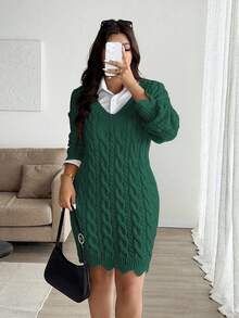 Vionelle Plus Size V-Neck Wavy Hem Drawstring Cable Knit Pattern Long Sleeve Sweater Dress, Solid Color, Casual, Autumn/Winter - Dark Green - View 5