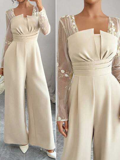 SHEIN PETITE Elenzga Women's Floral Embroidery Mesh Patchwork Long Sleeve Ruched Waist Wide Leg Elegant Jumpsuit