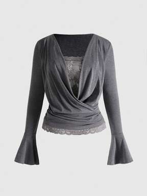 J-Fashion Y2K Vintage Millennium Baddie Contrast Lace Draped Neck T-Shirt For Women