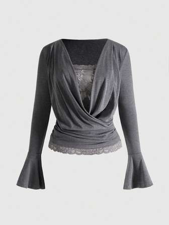 J-Fashion Y2K Vintage Millennium Baddie Contrast Lace Draped Neck T-Shirt For Women