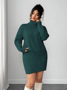 Elenzga Plus Size Women 2-Piece Set, Loose Long Sleeve Solid Color Turtleneck Sweater Top & Super Short Sexy Sweater Dress, Casual & Sweet Korean Style - Dark Green - View 5