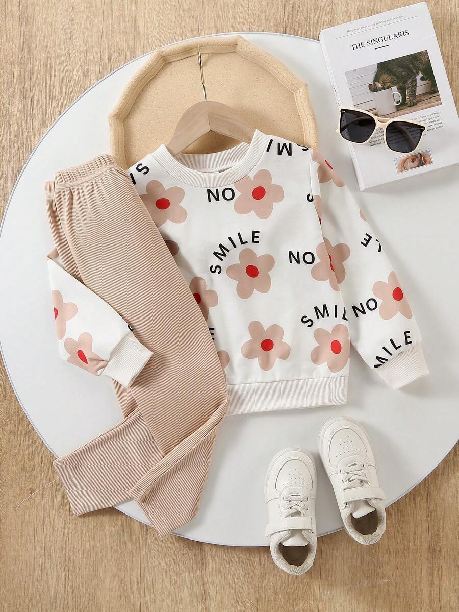 Girls Floral Print Long Sleeve Sweatshirt & Ribbed Leggings 2-Piece Outfit, Stylish & Cute For Girls, Spring/Autumn - Multicolor - View 1