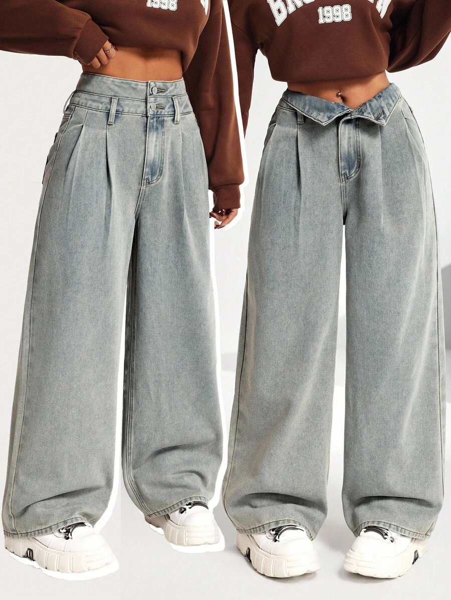 SHEIN Modische Lässig Y2K Vintage Coole Straßen-Rückkehr zur Schule College Nostalgische Blaue Doppeltaillierte Locker Sitzende Jeans für Teenager Mädchen Kleidung, Weiche Tägliche Teenager Mädchen Kleidung für Winter und Herbst, Rave Outfits, Festival und Streetwear Kleidung - Blau - Übersicht 1