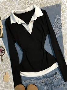 Glimmora Women's Contrast Color Shirt Collar Long Sleeve Casual 2 In 1 Top - Black - View 4