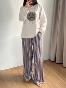 DAZY Graphic Print Loose Top And Striped Pants Women Sleepwear Pajama Set, Winter Clothes - Khaki - View 4