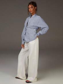 Athîral Women's Fashion Casual Striped Print Button-Up Shirt - Blue - View 5