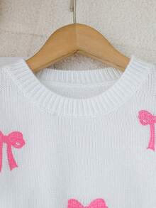 SHEIN 1pc Girls' Sweater,White,Autumn,Cute,Holiday,Back-To-School,Round Neck Embroidered 3D Bow Design Jumper,Soft Comfortable Clothes For Autumn/Winter - White - View 4