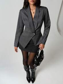 TRNVIE 1 pièce Blazer casual/de travail pour femmes avec col asymétrique et taille cintrée, coupe évasée, gris foncé, automne/hiver - Gris - Voir 1