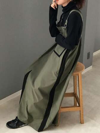 FRIFUL Women's Fashion Loose Fit Color Blocking Strap Dress, Suitable For Outings In Autumn