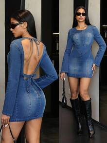Jeanoix Y2K Fashion Casual Deconstructed Backless Criss-Cross Bow Flare Sleeve Denim Jumpsuit - Dark Wash - View 11