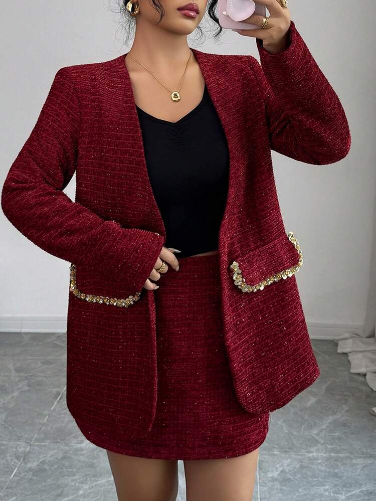 Women's Elegant Commuter Sequin Decor Jacket & Skirt 2 Pieces Set