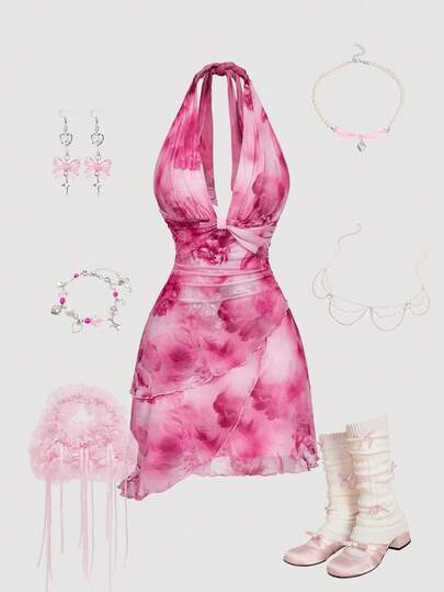 SHEIN MOD Women's Asymmetric Hem Halter Tie-Dye Pink Floral Print Mini Dress,Fall/Winter,New Year , Elegant Dresses For Party,New Year Look,Thanksgiving Outfit For Women, Beach Dress, Pink Flower Dress, Pink Mini Dress, Rose Dress