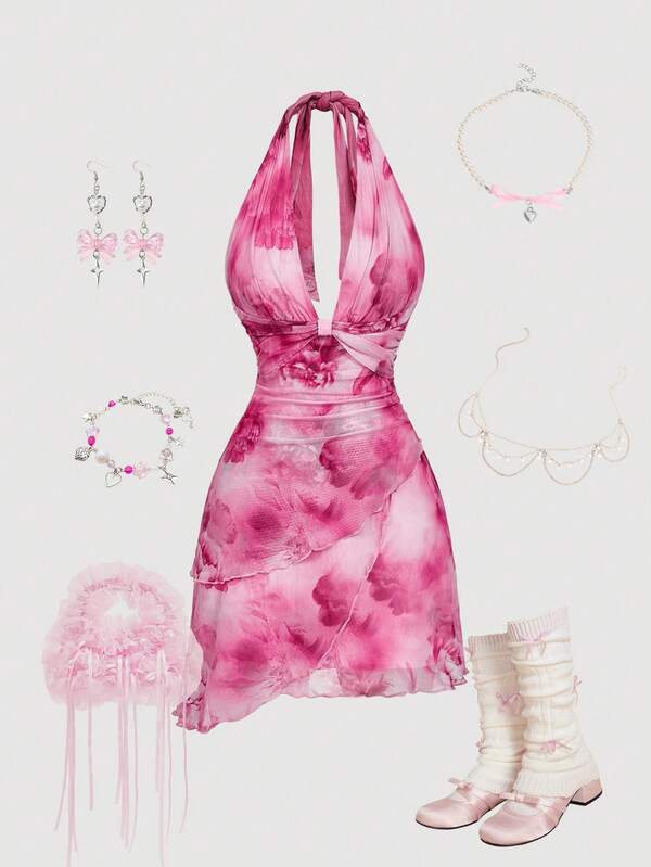 SHEIN MOD Women's Asymmetric Hem Halter Tie-Dye Pink Floral Print Mini Dress,Fall/Winter,New Year , Elegant Dresses For Party,New Year Look,Thanksgiving Outfit For Women, Beach Dress, Pink Flower Dress, Pink Mini Dress, Rose Dress