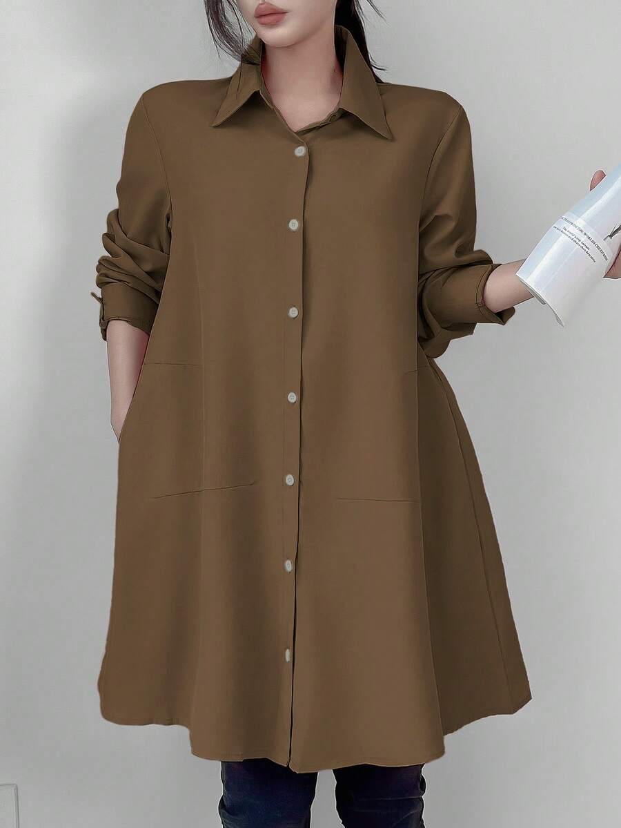 SHEIN Unity Áo sơ mi dài cài nút tối giản màu trơn thường ngày dành cho nữ - Cà phê nâu - Xem 1