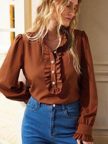 Écloséra French Retro Embroidery Shades Of Brown Lotus Leaf Collar Long-Sleeved Shirt,Women's Autumn Elegant Tea Party Solid Color Fitted Top Teacher Clothing - Rust Brown - View 4