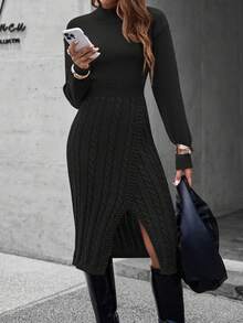 EMERY ROSE 腰部合身长开叉下摆优雅女士针织毛衣连衣裙 - 黑色 - 查看 5