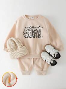 THE HAPPY LOOK 2pcs Young Girl Letter Print Knit Soft Crew Neck Long Sleeve Sweatshirt And Elastic Waist Pants Set,Autumn,School,Back-To-School Winter Comfy Outfit - Khaki - View 5