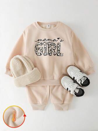 THE HAPPY LOOK 2件套少女字母印花针织柔软圆领长袖运动衫和松紧腰裤套装