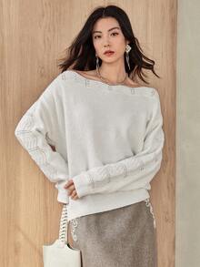 Dazy-Less Jersey de punto con hombros descubiertos, casual y de moda para otoño/invierno - Blanco - Ver 4
