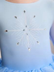 SHEIN 小女孩印花水钻紧身衣，校园比赛芭蕾薄纱裙，可爱亮片泡泡袖舞蹈连体衣