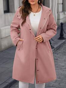 EMERY ROSE Abrigo largo tipo trench con capucha y cremallera de unicolor simple para uso diario y casual para mujeres de talla grande - Rosa - Ver 5