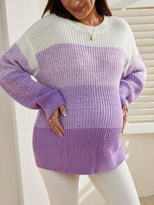 SHEIN 孕妇圆领落肩长袖休闲罗纹针织套头毛衣 - 紫色 - 查看 6