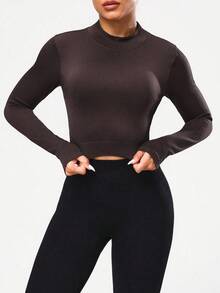 SHEIN Sports 女式纯色露背十字交叉设计长袖修身运动T恤 - 咖啡棕 - 查看 2