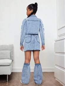 SHEIN 3pcs/Set Tween Girls Y2K Fashion Vintage Ripped Frayed Lapel Long Sleeve Cropped Blue Denim  Jacket And Denim Mini Skirt With Leg Warmers Set Fall Winter,For Girls Fall/Winter Dailywear Outfits,Girls Christmas Outfits,Girls New Year Clothes,Thanksgiving Outfit For Girls,Girls Winter Set,Teen Denim Clothes,Winter Clothes, Teen Street Jacket,Teen Three-Piece Set Outfits - Medium Wash - View 2