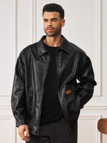 EASEVO 大码男士时尚PU贴片拉链夹克