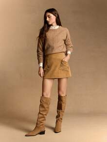 Rosivie 女士尖头褶皱粗跟过膝靴，时尚日常穿着 - 駝色 - 查看 3