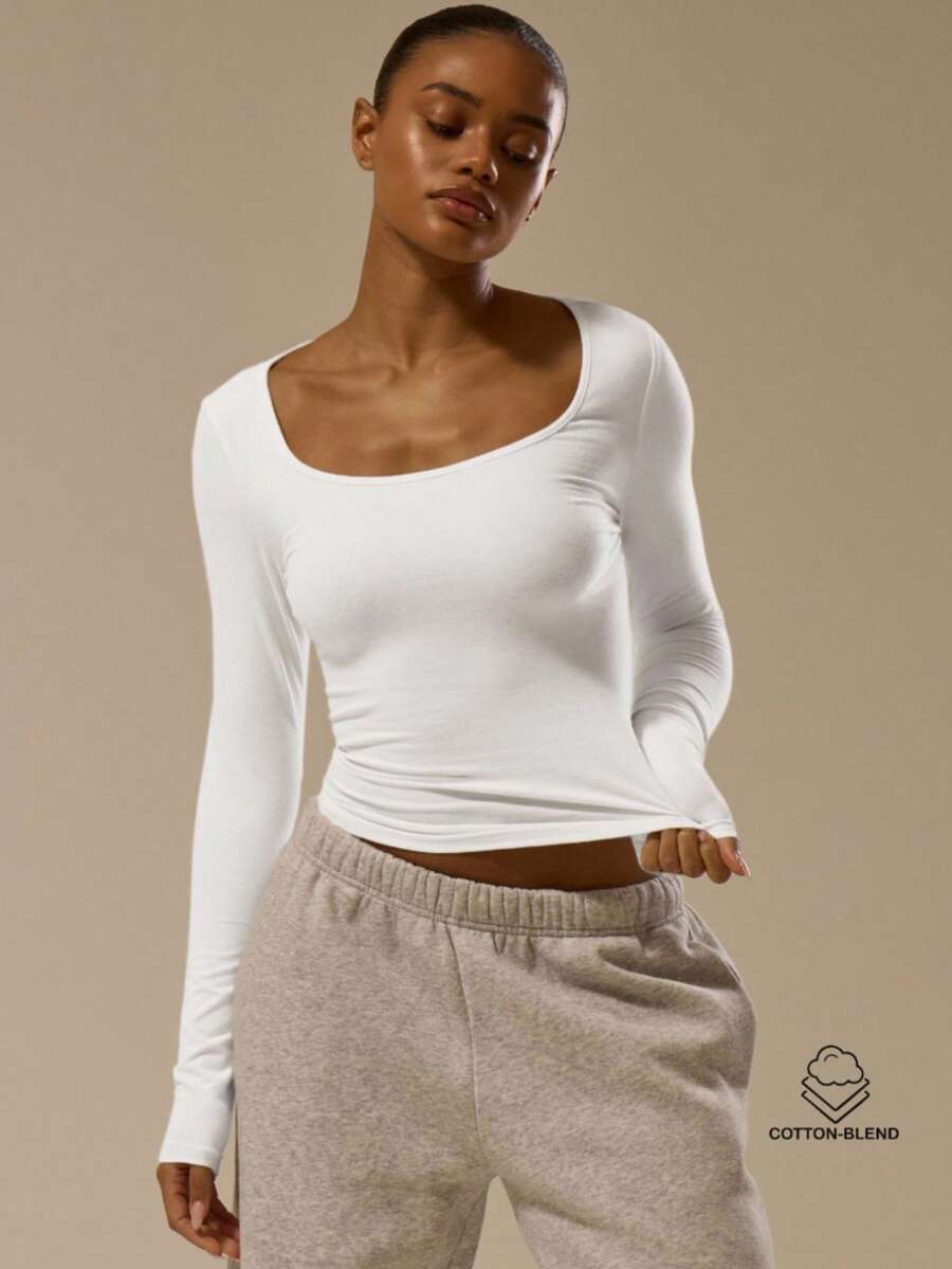 MUSERA ESSENTIALS Top de manga larga con cuello de escote redondo ajustado, básico elegante, sexy y apropiado para primavera y verano - Blanco - Ver 1