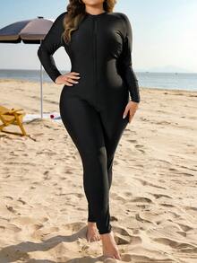 Swim Mulvari Bộ đồ liền thân 2 món màu trơn có khóa kéo cỡ lớn kèm áo choàng in họa tiết, phù hợp với phong cách Hồi giáo Trung Đông - Đen và trắng - Xem 3