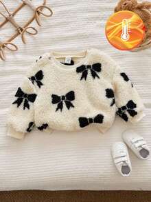 LMoss Kids LMoss 女婴针织毛绒小熊图案休闲圆领卫衣，女婴套头衫，上衣，蝴蝶结图案，长袖上衣，舒适的秋冬款式，套头衫，圣诞节 - 彩色 - 查看 3