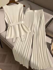 GlowEve CURVE Bộ 2 áo không tay cỡ lớn và quần ống rộng xếp ly thoải mái cho nữ - Màu be - Xem 2