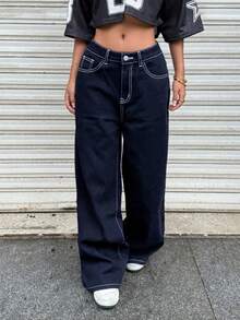 SHEIN 千禧年少女黑色宽松腰牛仔裤，春夏休闲度假乡村波西米亚风穿搭，海滩风、西部街头风、春假、锐舞音乐节牛仔裤 - 深色水洗藍 - 查看 6
