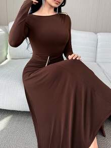 Modelyn 女士优雅通勤金属装饰连衣裙 - 咖啡棕 - 查看 6