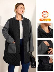 Momelise Plus Size Women Casual Contrast Color Stand Collar Long Sleeve Pocket Patchwork Quilted Metal Button Front Long Cardigan Coat, Winter - Multicolor - View 1