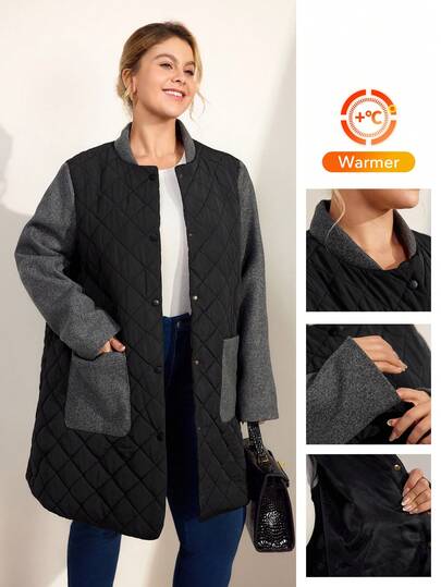 Momelise 大码女式休闲撞色羊毛混纺立领长袖口袋拼接绗缝金属纽扣前长款开衫外套，冬季