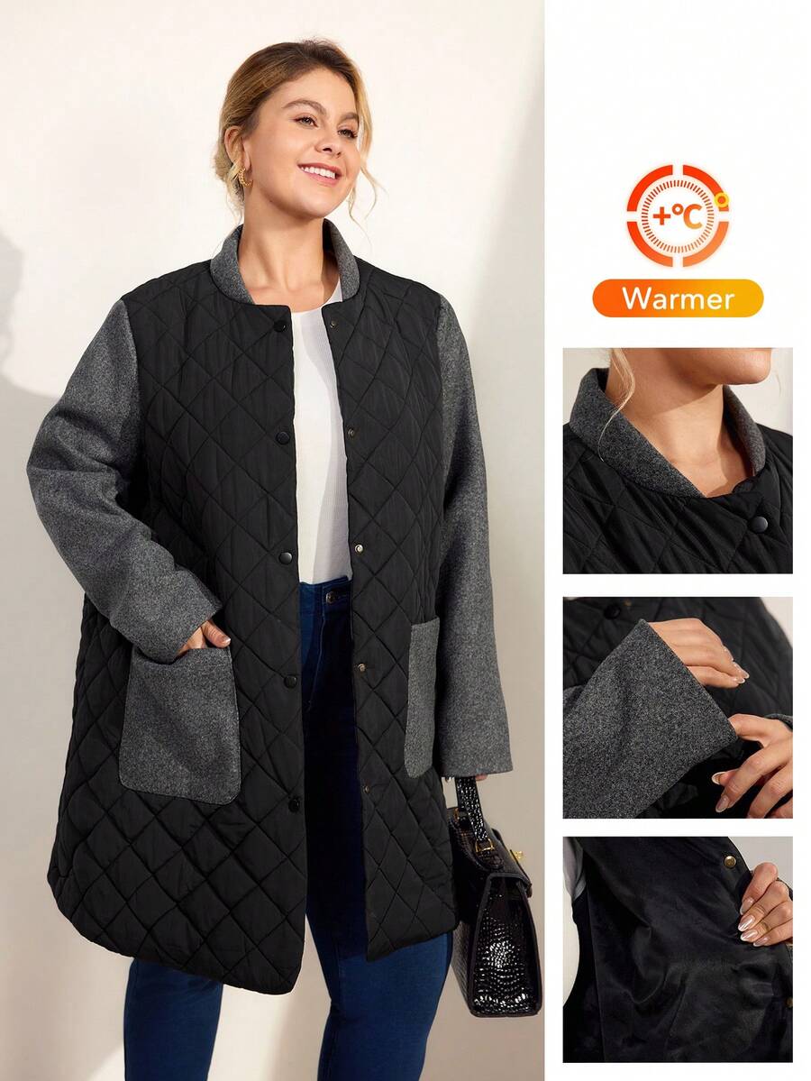 Momelise Plus Size Women Casual Contrast Color Stand Collar Long Sleeve Pocket Patchwork Quilted Metal Button Front Long Cardigan Coat, Winter - Multicolor - View 1