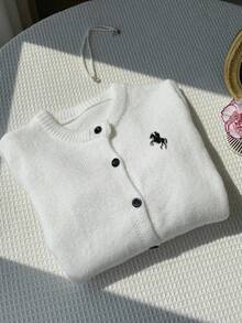Comfortcana Casual Minimalist Horse Embroidery Pattern Front Button Knit White Cardigan Sweater For Women, Fall/Winter Clothing, New Arrival Knit Cardigan Sweater