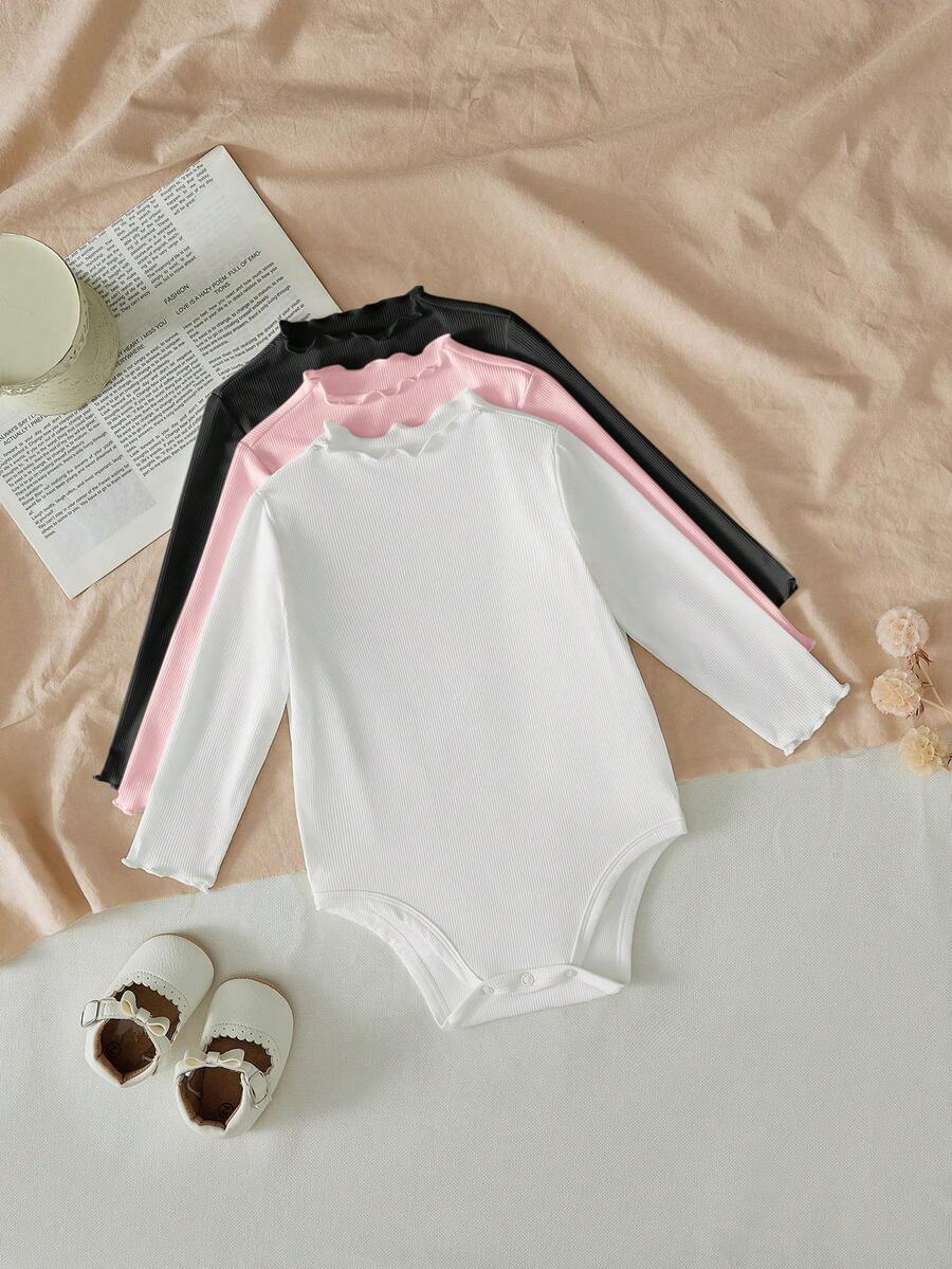 SHEIN LMoss Kids LMoss 3件套新生女婴舒适针织纯色荷叶边连体衣套装，秋季 - 彩色 - 查看 1