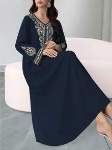 SHEIN Najma 大码女式佩斯利花卉数码印花 V 领长袖优雅阿拉伯风格长裙，春秋季 - 彩色 - 查看 4