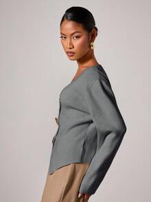 COSMINA Women's Elegant Metal Button V-Neck Cardigan Sweater, Autumn/Winter - Grey - View 6