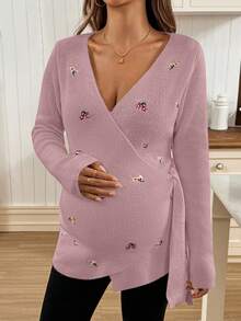SHEIN Maternity Crossover Wrap Front Embroidered Long Sleeve Fitted Sweater