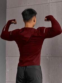 Gym Rark 男士字母印花长袖休闲连帽卫衣，长袖运动服，健身运动衫，男士运动服，健身房长袖上衣，压缩衣，轻薄款 - 酒紅色 - 查看 2