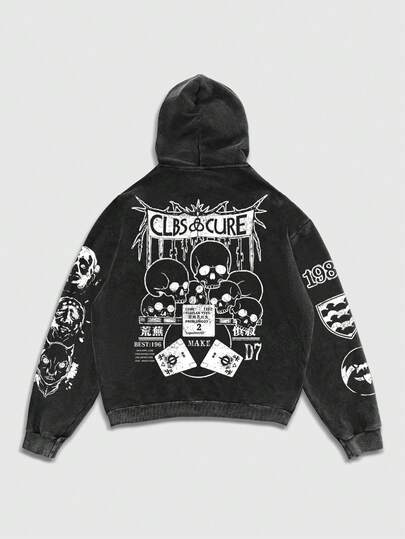 Sweat-shirt à capuche imprimé flocons de neige noirs pour hommes, sans poches