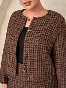 Chikora Plusstorlek dam 2-delat set, elegant, med fickor, bekväm stickad kostym, brun rutig tweed tvådelat set kjolkostymer för kvinnor tweedkostymer kvinnor tweedkavaj och kjolset brun tweedkostym tweedkjol och jacka set brunt tweedset tweedjacka kvinnor brun jacka brun kavaj kvinnor brun kofta - Brun - Visa 4