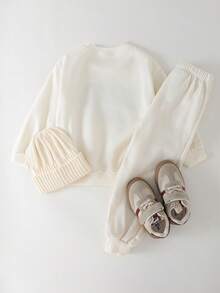 THE HAPPY LOOK Young Girl Minimalist White Round Neck Long Sleeve Letter Print Sweatshirt, Casual Everyday Wear, Autumn/Winter - Beige - View 2